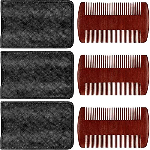 3 Pieces Beard Comb Natural Sandalwood Wooden Mustaches Combs Dual Action Teeth Beard Comb with 3 Pieces Pocket Faux Leather Case for Beards Mustaches -Reddish-Brown-