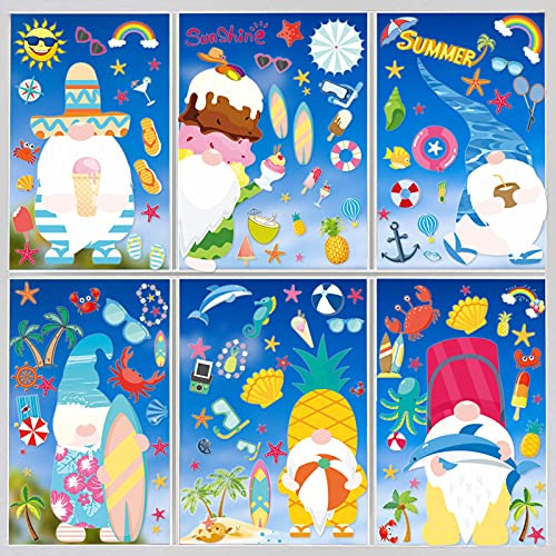 HOWAF 9 Sheets Summer Window Clings for Glass Windows, Colorful Beach Gnome Window Clings, Pineapple Summer Window Clings Stickers Decals for Home, Office, Kids School Party Supplies