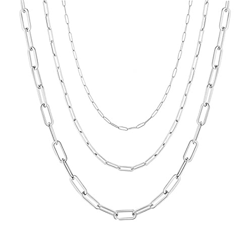 Silver Paperclip Chain Necklace Paperclip Link Chain Choker Layered Necklace Bracelet Set for Women