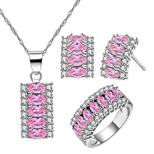 Uloveido Women's Platinum Plated Pink Cubic Zirconia Stud Earrings Necklace and 7 Stones Ring Crystal Jewelry Set T502 -Pink,Size 7- Uloveido Women's Platinum Plated Pink Cubic Zirconia Stud Earrings Necklace and 7 Stones Ring Crystal Jewelry Set T502 -Pink,Size 7-