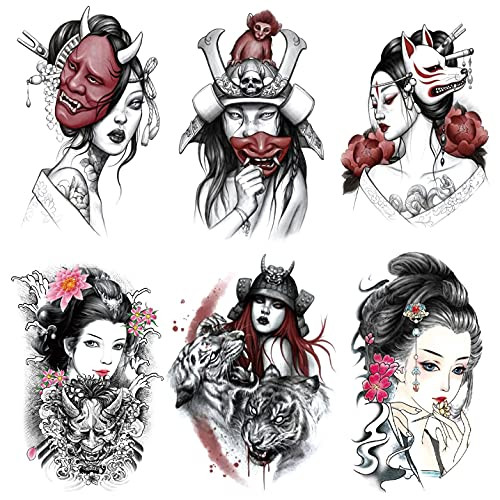 Oottati 6 Sheets Arm Fake Waterproof Temporary Tattoos Stickers Japanese Geisha Samurai Women Tiger Prajna Dark Red Blood Oottati 6 Sheets Arm Fake Waterproof Temporary Tattoos Stickers Japanese Geisha Samurai Women Tiger Prajna Dark Red Blood