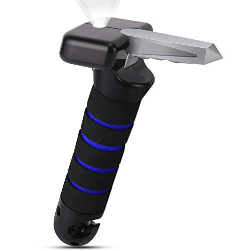 tunfo Auto Door Support Handle with Escape Tools, Portable 5 in 1 Car Assist Grab Handle Vehicle Cane Grab Bar with LED Flashlight Seatbelt Cutter Window Breaker for Car-Blue-