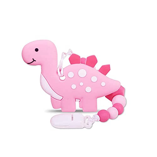 Baby Teether Toys?Dinosaur Teething Toys BPA Free Food Grade Silicone Teether with Pacifier Clip?Freezer Safe Teething Egg -Pink-
