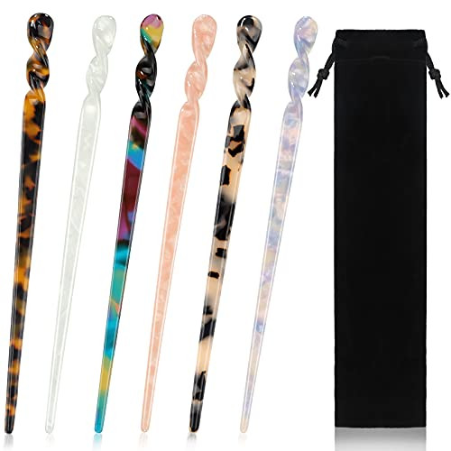 6 Pieces Tortoise Acetate Hair Sticks Leopard Printed Twist Hair Chopsticks Vintage Shell Hairpin Chopsticks Handmade Hair Clip Styling Pin Set Shawl Hair Pins Retro Hair Accessories -Vibrant Pattern-