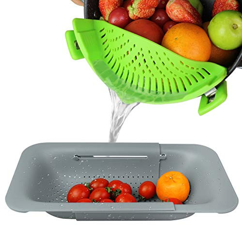 Strainer Colander,Clip On strainer,2 Pack Colander,Fruits Vegetables Noodle Pasta Food Drain Basket Space Extendable Colander Strainer Basket-Grey-