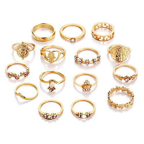 WLLAY 6-17 Pieces Stackable Knuckle Rings Set,Boho Vintage Crystal Stacking Midi Finger Rings Jewelry Gift for Women Teen Girls -D:15 PCS-