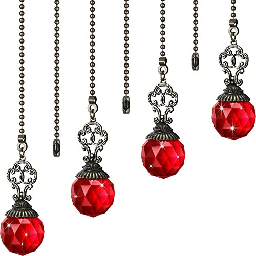 Ceiling Fan Pull Chains Crystal Ball Extension Fan Pull Chain Pendant 12 Inch Vintage Ceiling Fan Chain Extender Ornament with Ball Fan Chain Connector for Ceiling Light Fan -Red, 4-