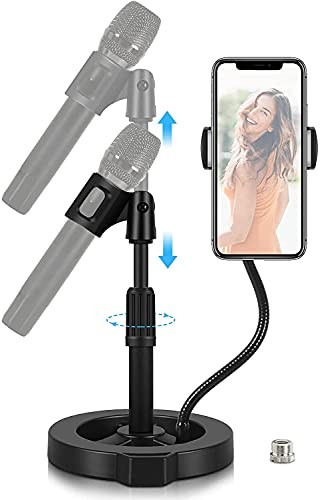 Desktop Microphone Stand - GLCON Adjustable Desk Mic Stand with Microphone Clip Gooseneck Cell Phone Holder - Table Mic Stand