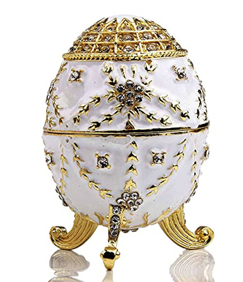 Faberge Egg Jewelry Box Golden-White Hinged Trinket Boxes Collectible Figurines With Crystals