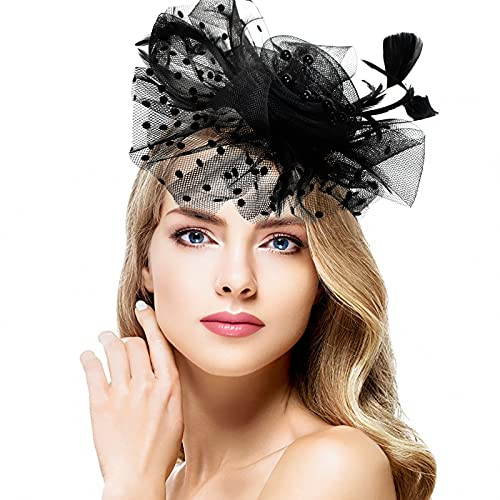 kiniza Fascinators Hats for Women, Fascinator Hair Clip Feather Hat Cocktail Wedding Tea Party Headwear with Veil Headband Black