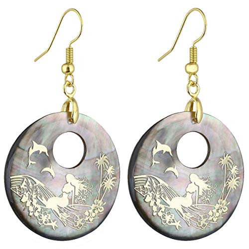 SUNYIK Round Shell Dangle Earrings for Women, Gold Plated Mermaid