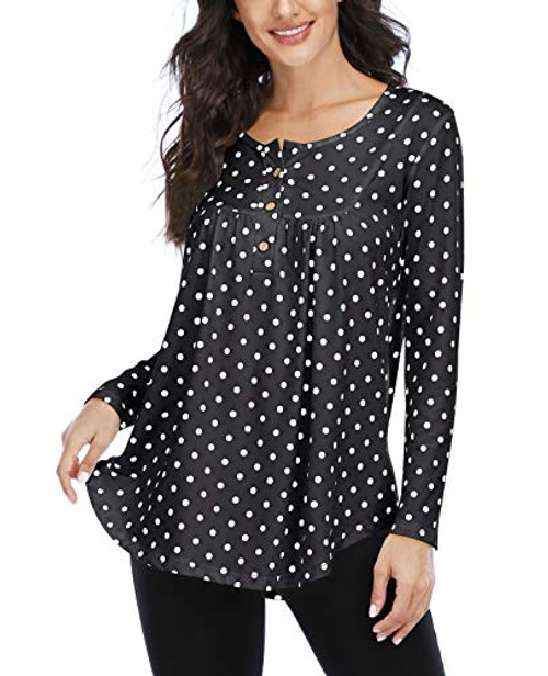 Women's Long Sleeve V Neck Henley Blouse Loose Fit Casual Pleated Buttons up Tunic Tops Basic Shirt-Black