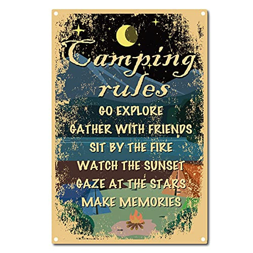 CREATCABIN Camping Rules Vintage Metal Sign Funny Camping Signs for Home Room Hunting Camper Wall Decor, 8 x 12 Inch
