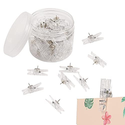 lonzsw 50 Pieces Push Pin Clips, Mini Transparent Plastic Push Pins Clear Pushpins Tacks Thumbtacks Cute Craft Paper Clips for Cork/Bulletin Boards Artworks Notes Photos