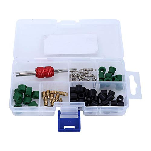 Air Conditioning Valve Core Kit, 71pcs Air Condition Repair Kit Repair Tool plus10pcs Valve Cores plus50pcs Hose Gaskets plus10pc Valves