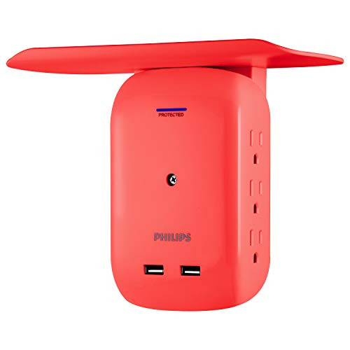 Philips 6-Outlet Extender 2-USB Surge Protector, Side Access Adapter, Wall Tap, Removable Device Charging Shelf, Charging Station, Protected Indicator Light, 450J, 2.4A, 12W, Coral, SPS6024CR/37