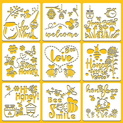 9 Pieces Bee Stencils Honeycomb Stencils, 7.9 x 7.9 inch Reusable Plastic Art Craft Stencils Template for Painting on Wall Wood Fabric Floor Furniture Home Decor