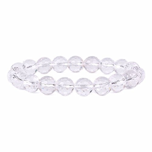 Natural Faceted Clear Quartz Gemstone 10mm Round Beads Stretch Bracelet 7 Inch Unisex
