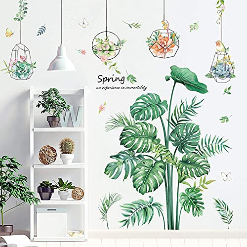 Green Leaf Tropical Plants Wall Stickers, HOLENGS Palm Tree Butterfly Wall Decals, Creative Succulent Plants Hanging Pendant Bonsai Wall Decor for Home Bedroom Living Room Classroom Office