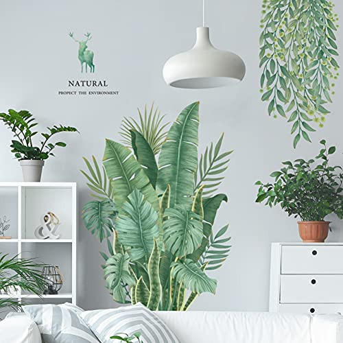 Banana Leaf Tropical Plants Wall Stickers, HOLENGS Green Nature Palm Tree Wall Decals, Hanging Vine Deer Wall Decor for Home Bedroom Living Room Classroom Office Decoration