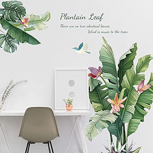 Plantain Leaf Tropical Plants Wall Stickers, HOLENGS Green Nature Banana Leaf Flower Wall Decals, Hummingbird Tree Wall Decor for Home Bedroom Living Room Classroom Office Decoration