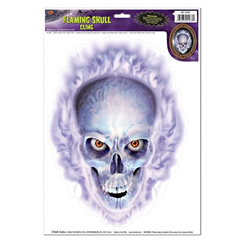 Halloween Flaming Skull Glass - Window Clings 12 Inch X 17 Inch Sheet Party Accessory (1 Count) (1/pkg) Pkg/3