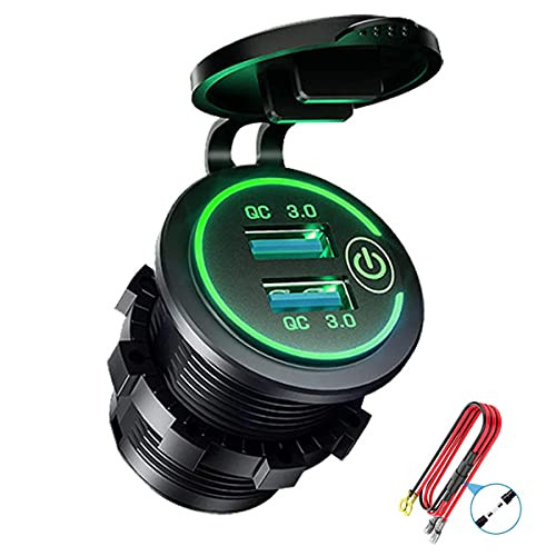 Quick Charge 3.0 Dual USB Charger Socket, Waterproof 12V/24V USB Outlet QC3.0 Fast Charger Socket with Touch Switch DIY Kit for Car, Golf Cart, Marine, Boat, RV, Motorcycle, Truck,etc-Green-