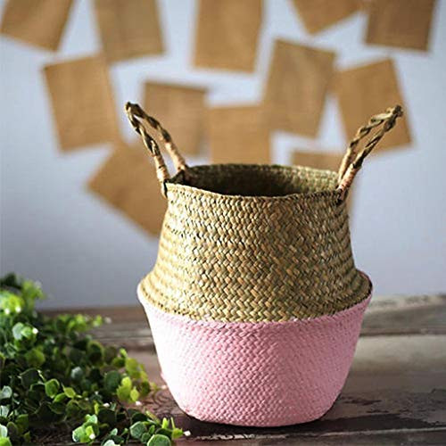 PartyYeah Foldable Seagrasss Flower Baskets Garden Flower Pot Natural Seagrass Basket Woven Plant Pot Handmade Belly Basket Rattan Straw Basket with Handle for Storage Laundry Picnic Plant Pot, Pink
