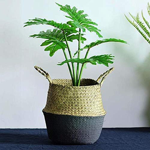 PartyYeah Foldable Seagrasss Flower Baskets Garden Flower Pot Natural Seagrass Basket Woven Plant Pot Handmade Belly Basket Rattan Straw Basket with Handle for Storage Laundry Picnic Plant Pot, Black