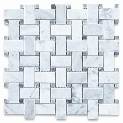 Stone Center Online Carrara White Marble 1x2 Basketweave Mosaic Tile w/Dark Gray Dots Polished for Kitchen Backsplash Bathroom Flooring Shower Surround Dining Room Entryway Corrido Spa -1 Sheet-