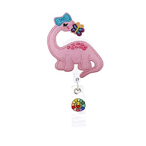 Reeleer Pink Dinosaur with Butterfly Badge Reels Retractable, with Alligator Clip and Key Ring, 24 inches Thick Pull Cord