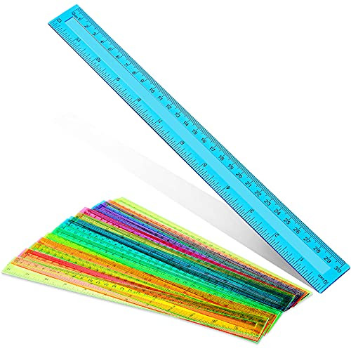 20 Pieces Rainbow Plastic Rulers 30 cm/ 12 Inch Transparent Straight Rulers Assorted Colors Rulers Straight Shatterproof Rulers for Kids Math Supplies Students School Office Measuring Tools