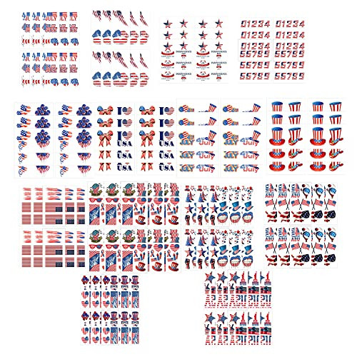 10 Sheets Patriotic Temporary Tattoos Independence Day Tattoo Stickers 4th of July Celebration American Flag Red White  and  Blue Design USA Stickers for USA Independence Day Decoration -L-