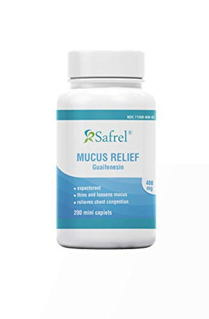 Safrel Mucus Relief Medicine Guaifenesin 400 mg - 200 Mini Caplets | Fast Acting Expectorant, Thins and Loosens Mucus, Relieves Chest Congestion, Cough, Cold and Flu | Compare to Mucinex Tablets