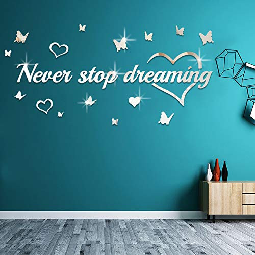 DIY Mirror Never Stop Dreaming Inspirational Quotes Butterfly Wall Decor, LASZOLA 3D Mirror Wall Letters Stickers Removable Art Decal Mural for Living Room Bedroom Home Decoration -Silver- DIY Mirror Never Stop Dreaming Inspirational Quotes Butterfly Wall Decor, LASZOLA 3D Mirror Wall Letters Stickers Removable Art Decal Mural for Living Room Bedroom Home Decoration -Silver-