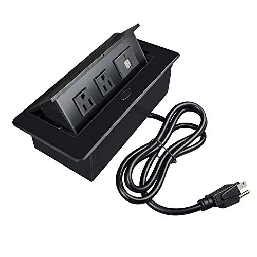 QBA Pop Up Floor Power Box, UL Listed Conference Damped Multimedia Outlet Connection Box,Desktop Pop Up Socket with 2 Outlets  and  2 USB Ports -Black-