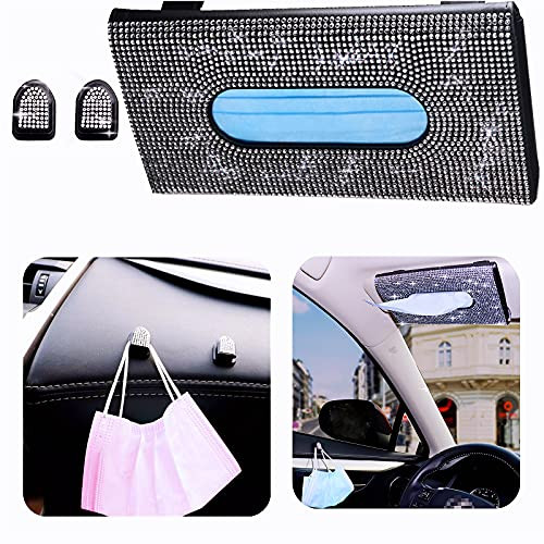 ANRUOXI Car Visor Tissue Holder with 2 Glitter Mask Hooks, Sparkling Tissue Box Holder for Car, Bling Car Accessories for Women