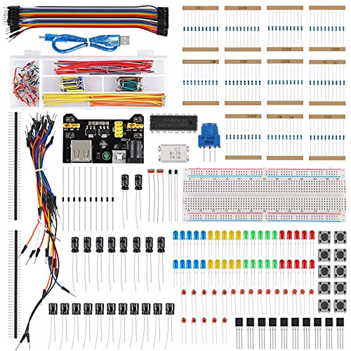 DORHEA Electronics Component Fun Kit with Power Supply Module, Jumper Wire, Precision Potentiometer, Resistor, Breadboard, Capacitor, LED, Potentiometer Compatible with Ardu ino, Raspberry Pi