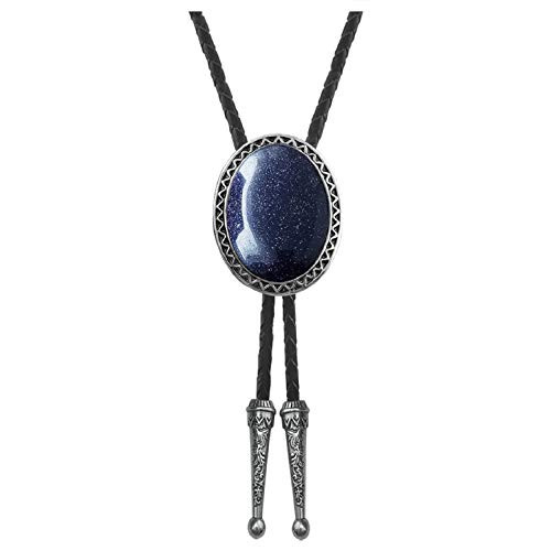 QUKE American Western Retro Dark Blue Rock Sand Stone Bolo Tie Genunie Leather