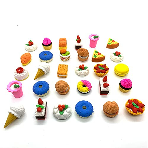 30 Pcs Pencil Erasers Assorted Food Cake Dessert Erasers 3D Mini Puzzle Erasers for Birthday Party Supplies Favors, School Classroom Rewards, Stocking Fillers, Easter Basket Stuffers Egg Fillers