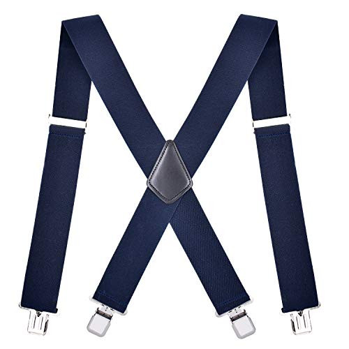 Fowateda Mens Suspenders X-Back 2" Wide Adjustable Solid Straight Clip Suspenders Blue