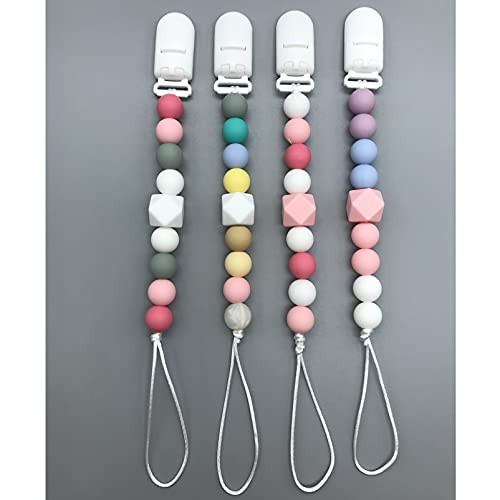 4 Pack Pacifier Clip, Silicone Teether Clip Toy Baby Pacifier Leashes Cases Pacifier Clip Soothie for Baby,Stylish Teething Ring Pacifier Holder for Baby Boys and Girls -Pink,White-