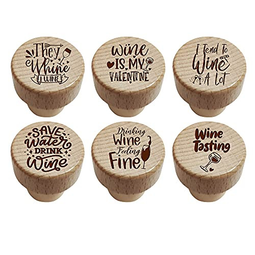 Funny Flat Wine Stoppers, Funny Wood Wine Stoppers, Funny Wine Stoppers, Funny Wine Reusable Caps Stoppers for Wine and Beer Bottles, Wine Gift Accessory, 6 Pack
