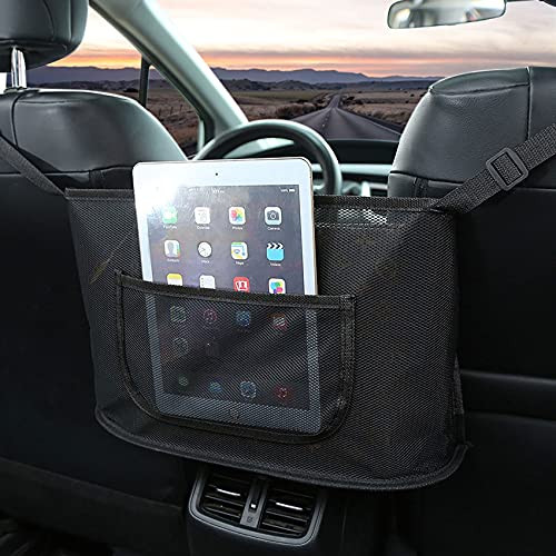 Car Net Pocket Handbag Holder,PU Leather Purse Holder for Car Front Seat,Car Purse Holder Between Seats Car Seat Storage Organizer ?for Storage Purse Phone Documents-Mesh Black with Pockets-