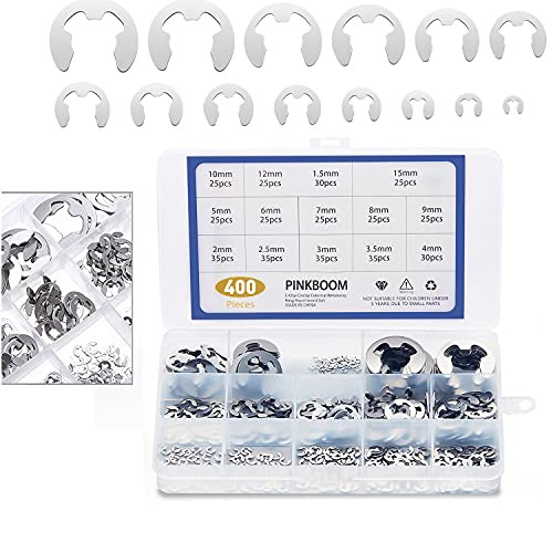 400pcs 304 Stainless Steel E-Clip Assortment Kit E-Clip External Retaining Ring Assortment Set 14 Sizes Circlip -1.5-15mm- -400SILVER-
