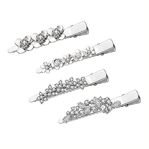 Rhinestone Alligator Hair Clips Duckbill Hairpins Flower Hair Barrettes for Women Hair Styling Tools Hair Accessories 4PCS -Silver-