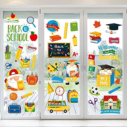 NBjiuyin Back to School Window Clings Decor Reusable Static Window Stickers Classroom Window Clings for Wall Glass Car School Day Welcome Back to School Classroom Decorations, 8 Sheets