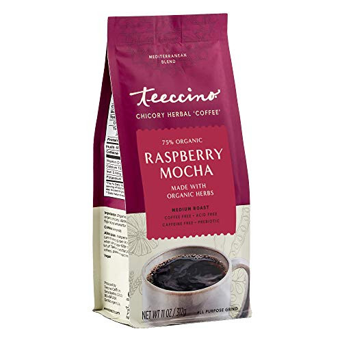 Teeccino Chicory Coffee Alternative  Raspberry Mocha  Ground Herbal Coffee Thats Prebiotic, Caffeine Free  and  Acid Free, Dark Roast, 11 Ounce