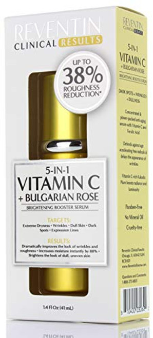Reventin Clinicals Results Vitamin C Serum with Bulgarian Rose, Hyaluronic Acid, Ferulic Acid. 1.4 Fl Oz. Brightening serum with Vitamin C for Dark Spots, Wrinkles, Expression Lines, Rough Skin. Reventin Clinicals Results Vitamin C Serum with Bulgarian Rose, Hyaluronic Acid, Ferulic Acid. 1.4 Fl Oz. Brightening serum with Vitamin C for Dark Spots, Wrinkles, Expression Lines, Rough Skin.