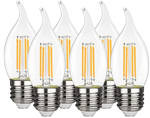 SaWang's LED Candelabra Bulb, 4W Dimmable 60W Equivalent , 2700K Warm White 450LM,UL Listed E26 Base LED Candle Bulbs, CA11 -C35- Clear Glass Flame Shape Bent Tip-E26 Medium Base-6 Pack-